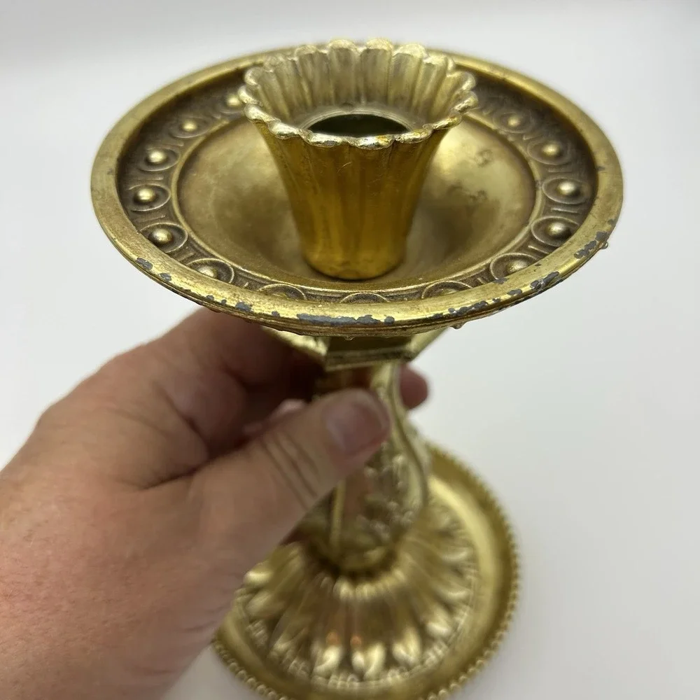 VTG‎ Villy Gold Ornate Cast Metal & Resin Candlestick Pillar Candle Holder SET 2